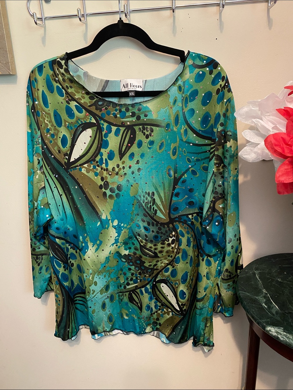 ALL HOURS Green Teal Abstract Print Women's Top Sz XXL with 3/4 Sleeves